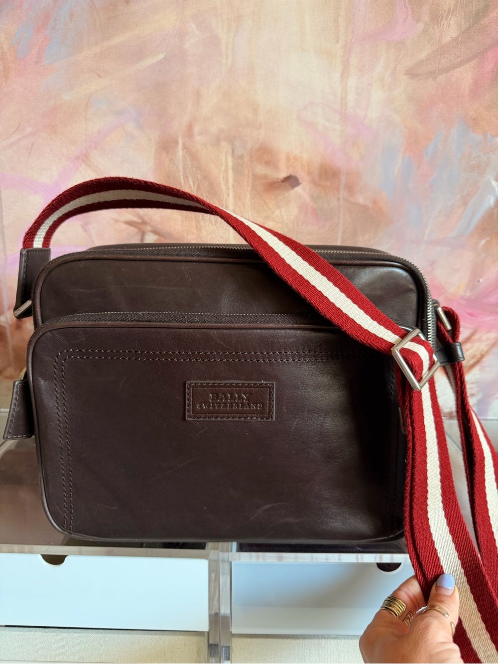 Bally Leather Crossbody Bag in Dark Brown with Red-White Strap